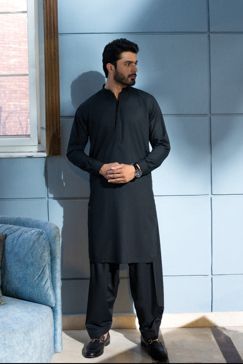 Elite Hidden Placket Designer Suit - Black