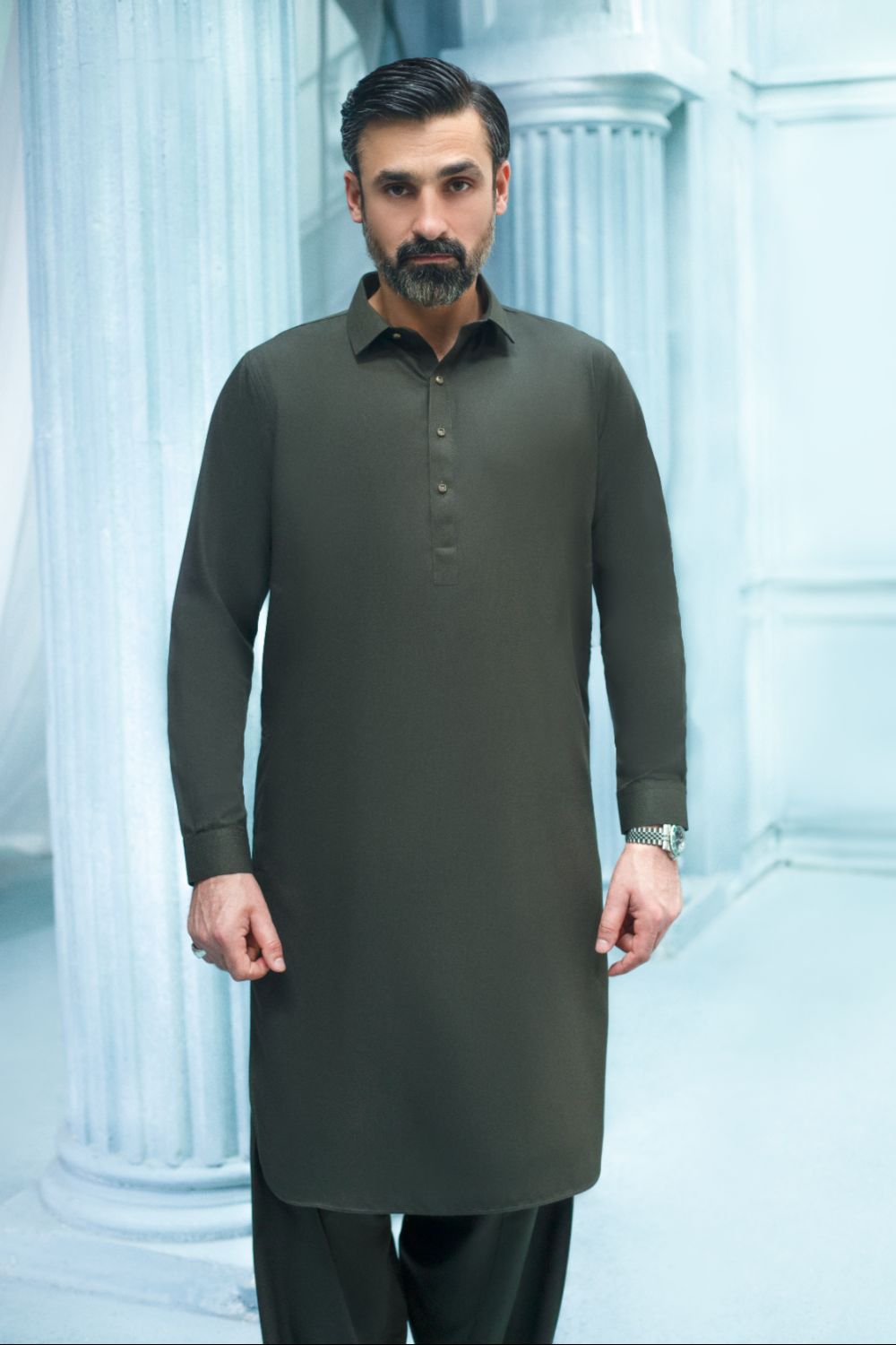 Olive- Premium Textured Kameez Shalwar