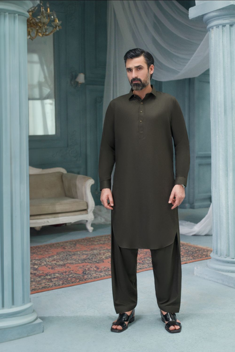 Olive- Premium Textured Kameez Shalwar