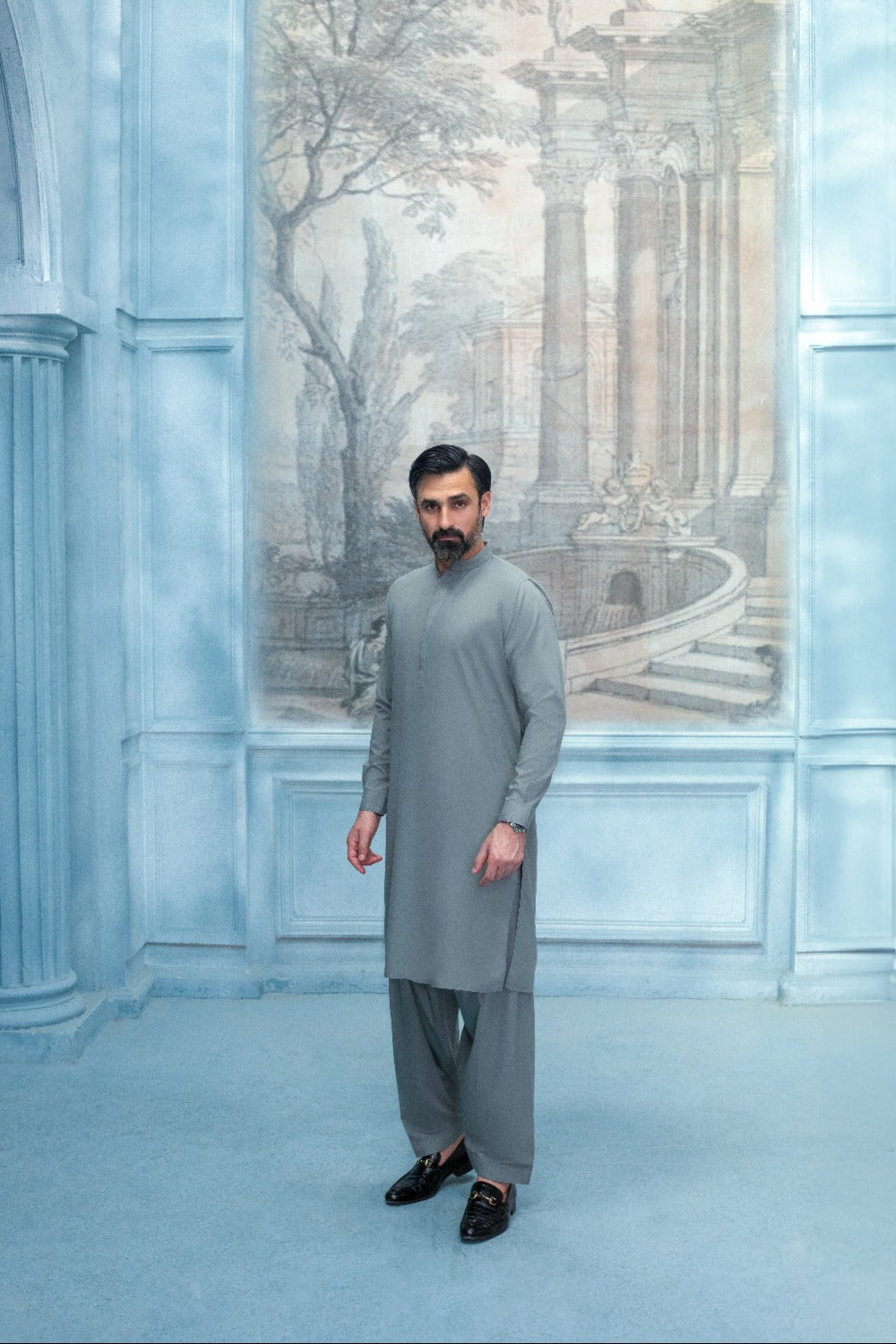 Elite Hidden Placket Designer Suit - Light Grey