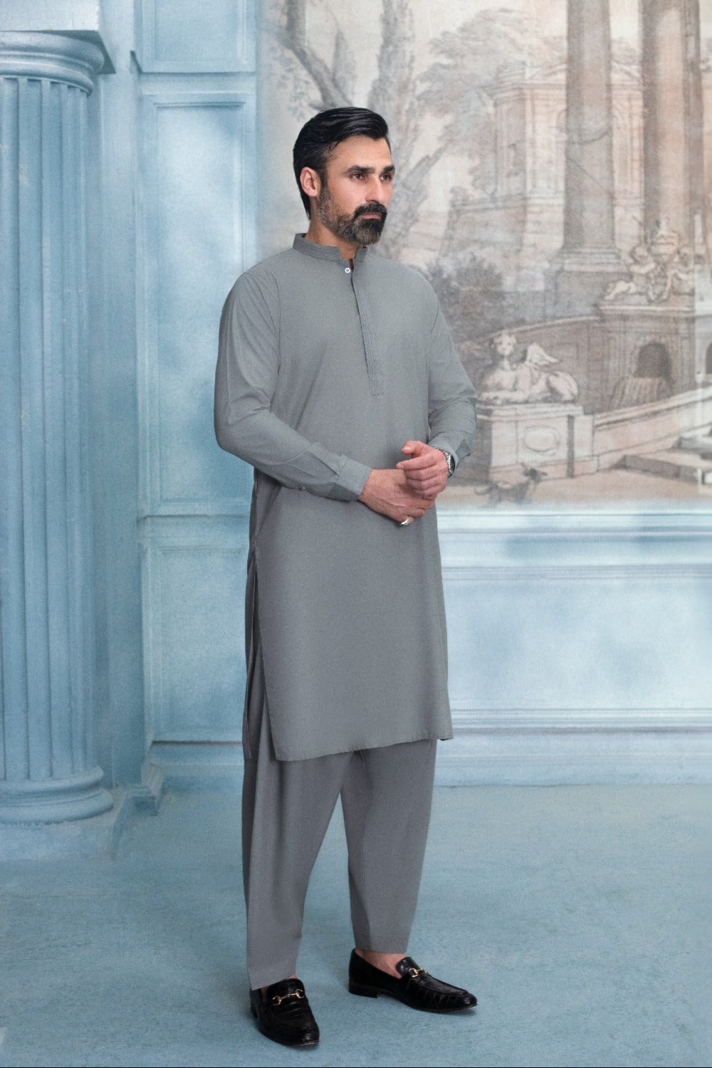 Elite Hidden Placket Designer Suit - Light Grey