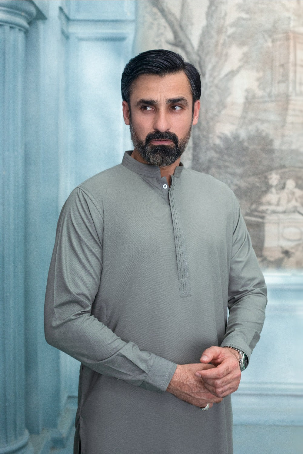 Elite Hidden Placket Designer Suit - Light Grey