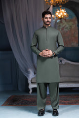 Elite Hidden Placket Designer Suit - Olive