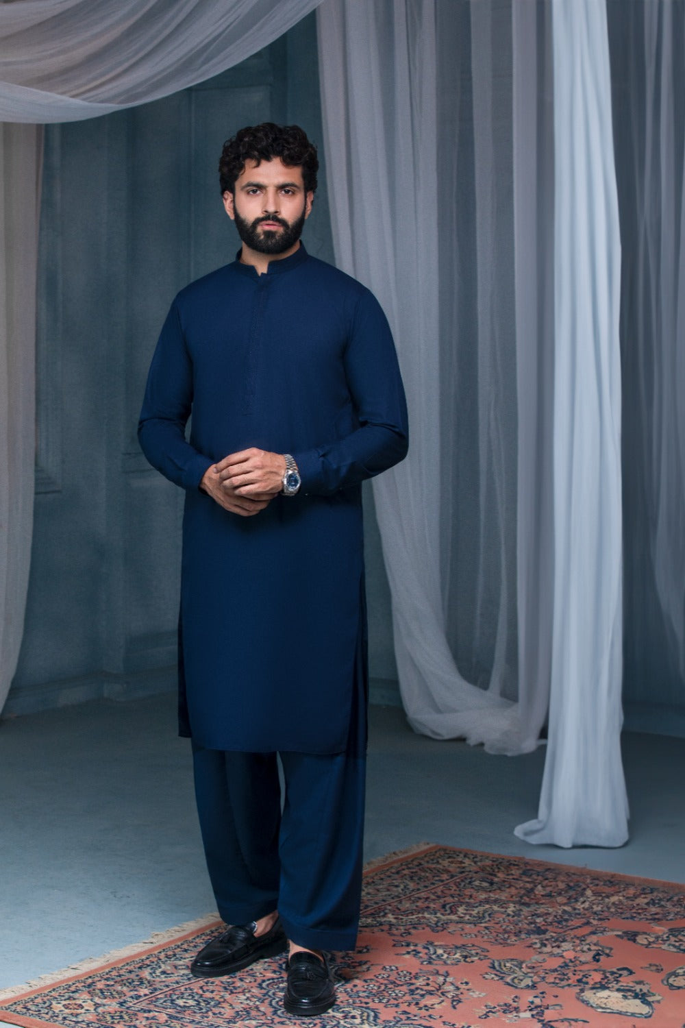 Elite Hidden Placket Designer Suit - Navy